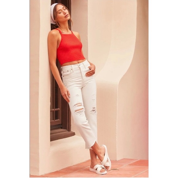 Levi Wedgie Straight White Distressed Denim High-Rise Cropped Jeans - Picture 6 of 16